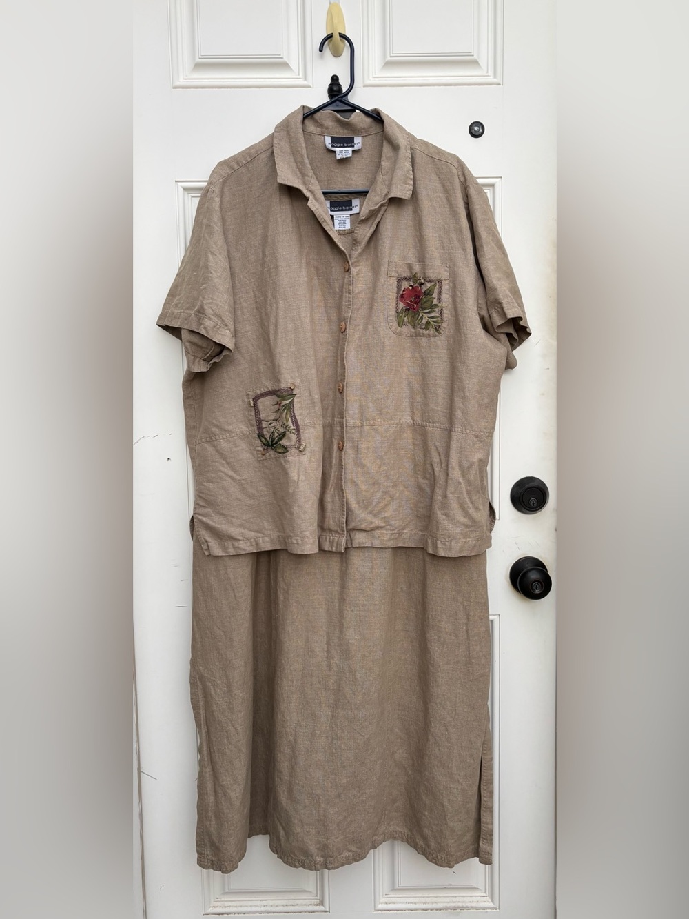 VTG 90s Maggie Barnes Silk Linen 2pc Set Beige Floral Shirt + Tank Dress Plus 1X